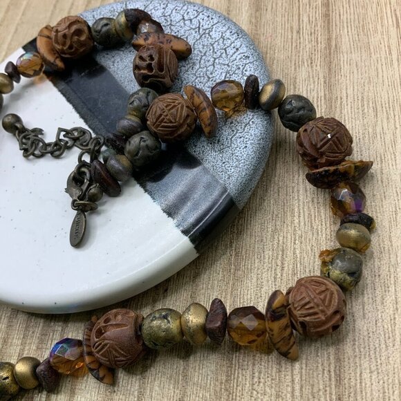 Chico's Vintage Boho Wood Stone Beaded Collar Necklace - Picture 1 of 6